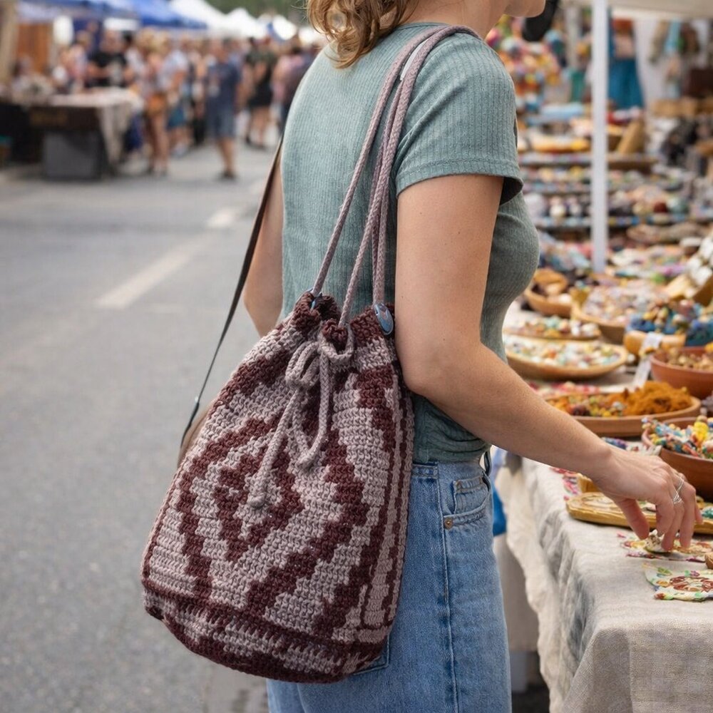 Hand Crafted Crochet Bucket Bag Hippie Bohemian Festival